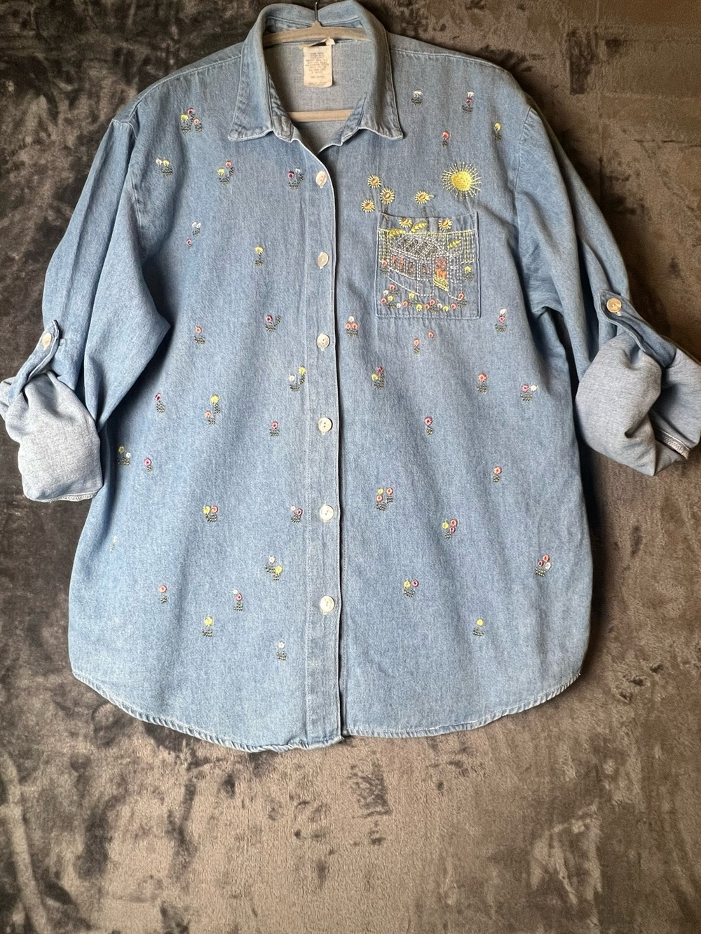 Vintage Teddi Light Blue Denim Button-Down Shirt with Floral Embroidery